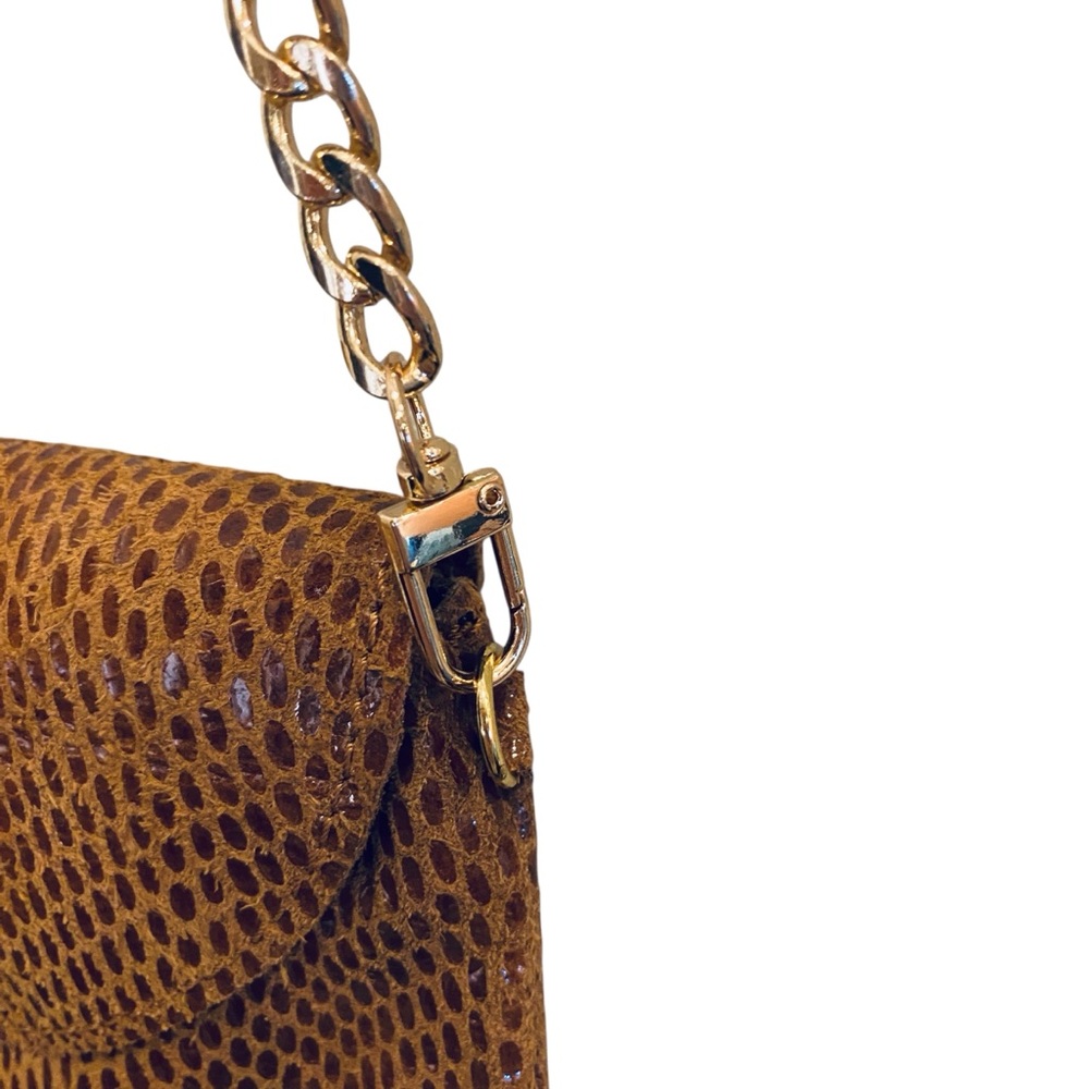 Brown Leather Snakeskin Embossed Purse with Tassels and Gold Chain - Picture 4 of 11